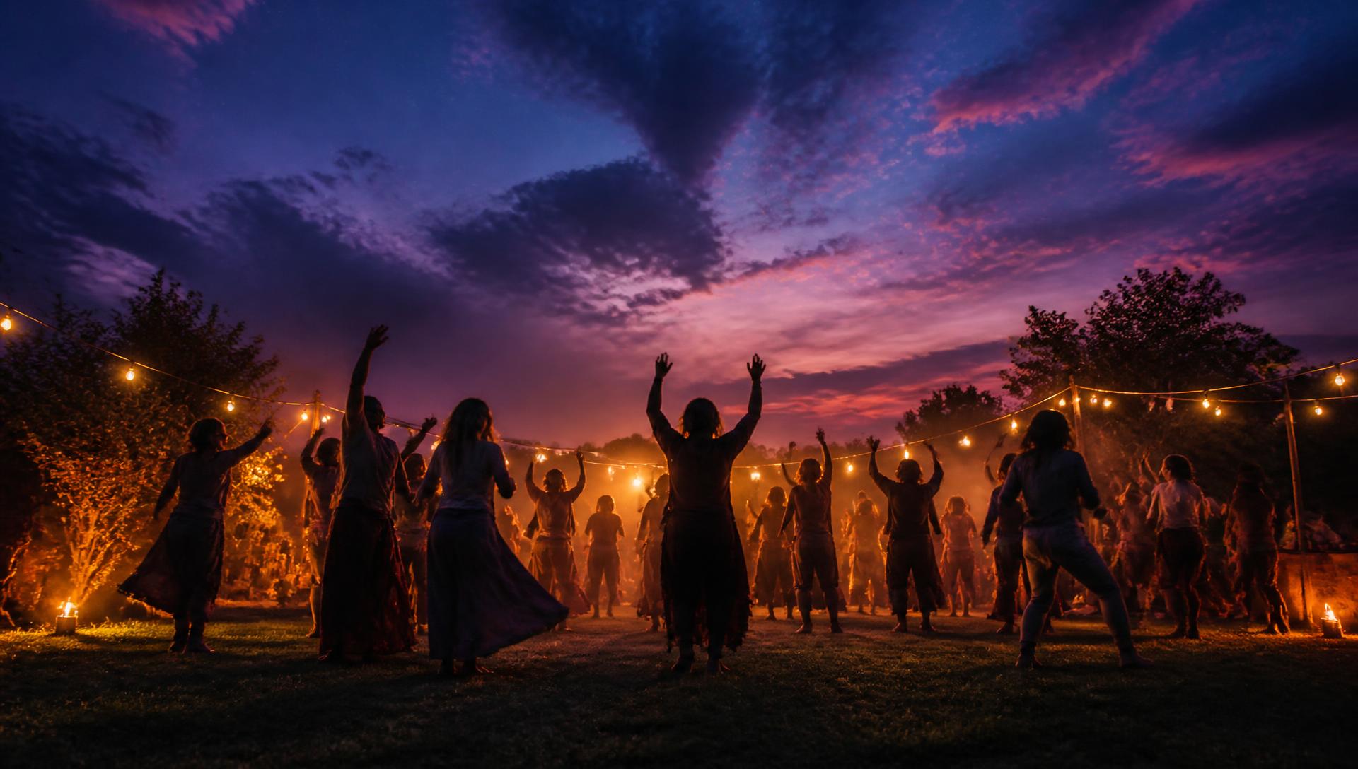 Silhouettes of people dancing in a backyard under a violet twilight sky